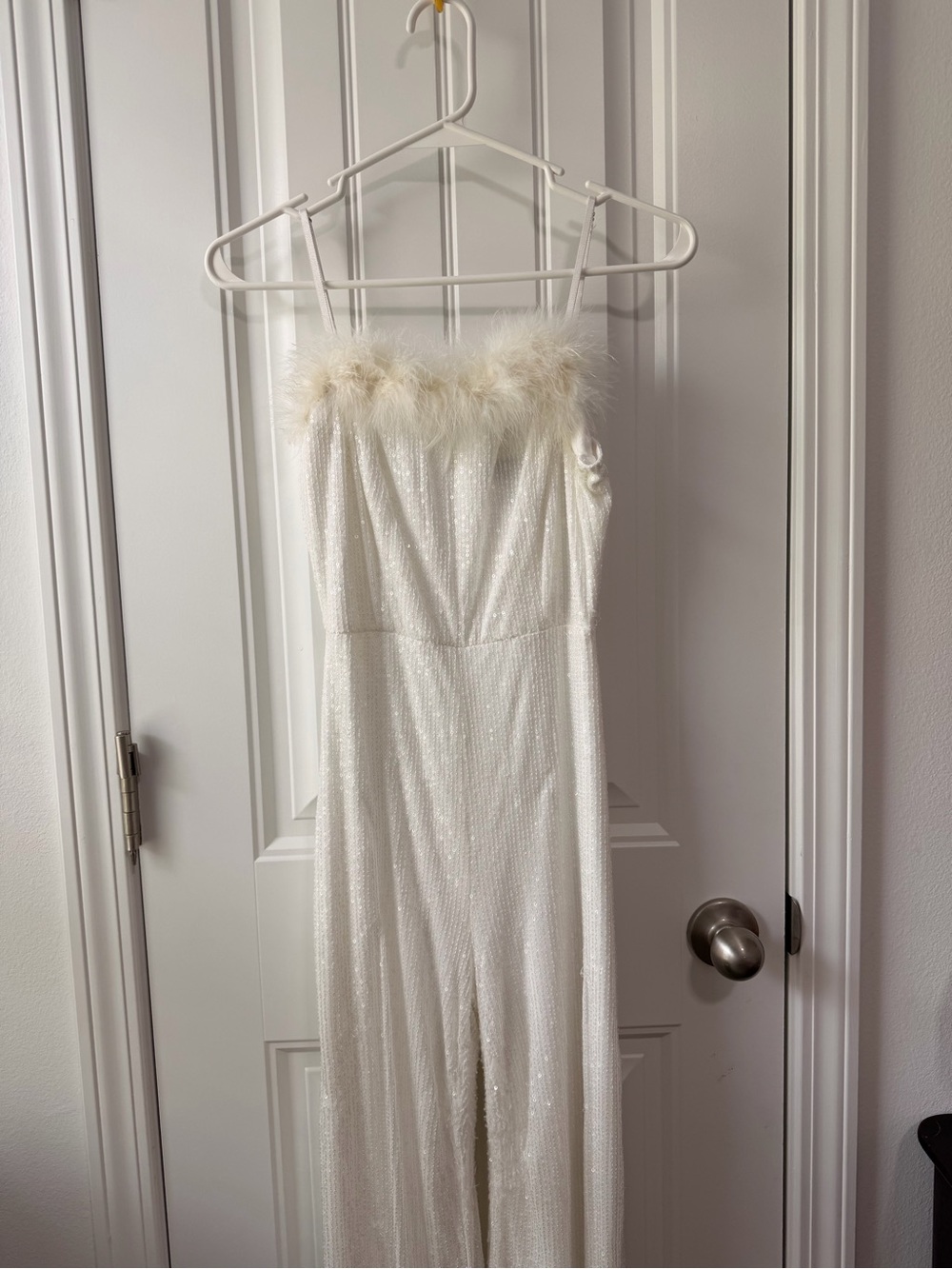 White Sequins Jumpsuit with Faux-Fur Trim